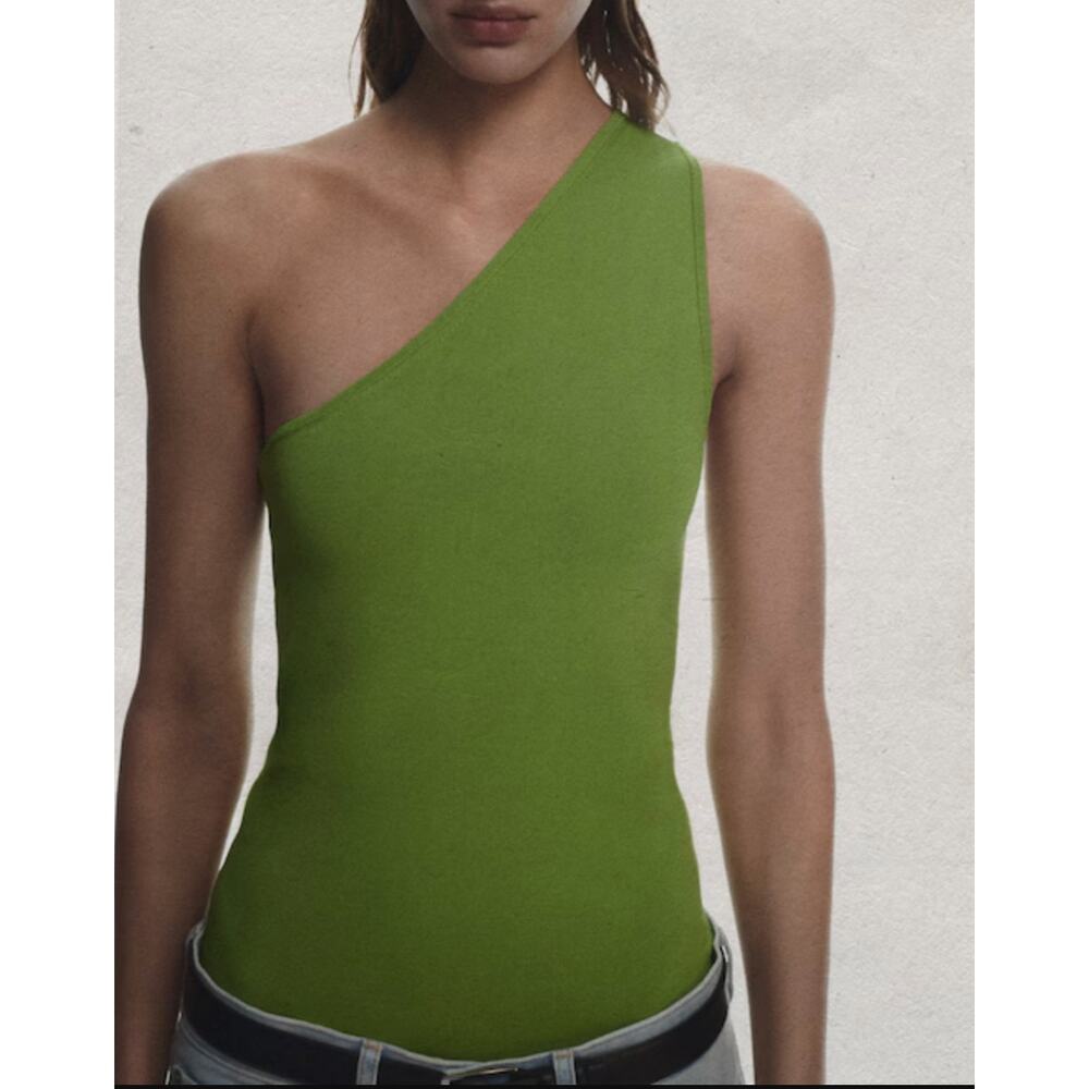 COS Green One Shoulder Knit Top S Minimalist Scandi Chic Artsy Asymmetrical